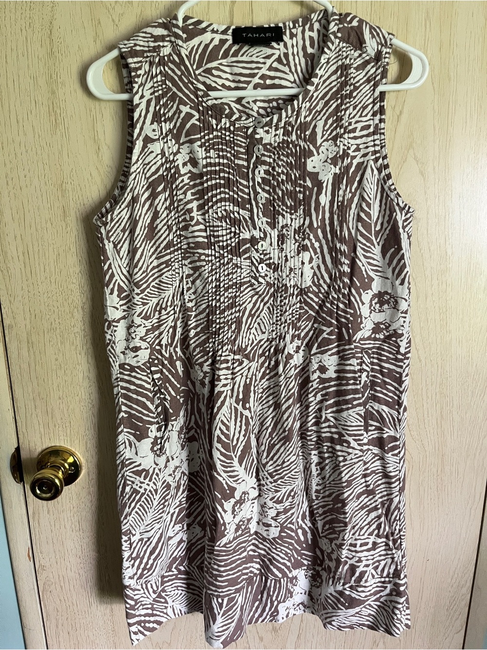 TAHARI Mocha Tropical Palm Linen Blend Shift Dress Sz Medium